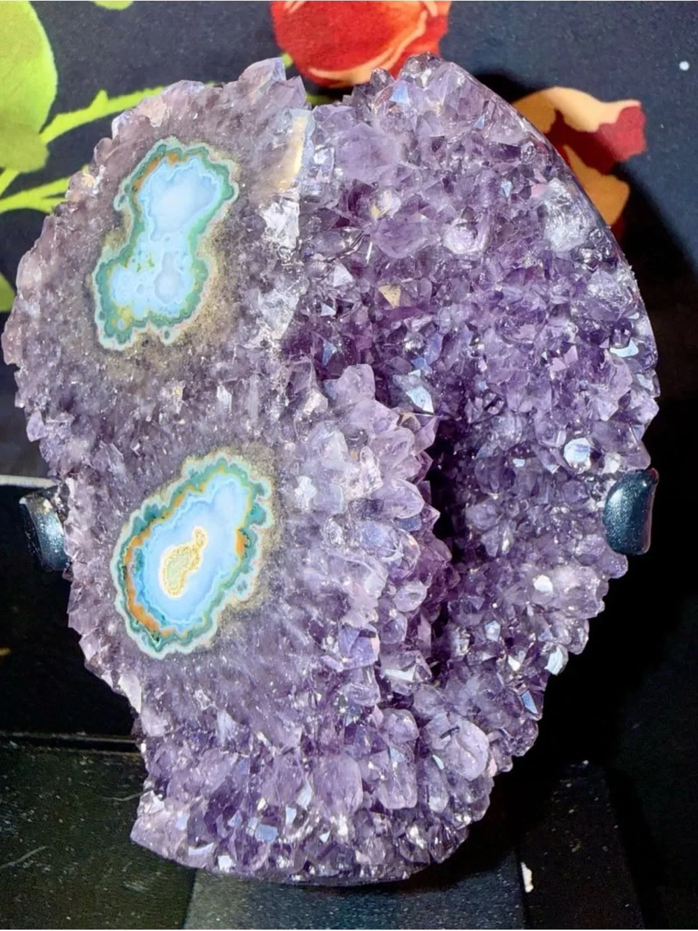 Large Sparkly Uruguayan Amethyst Stalactite Druzy Geode Freeform on Metal Stand